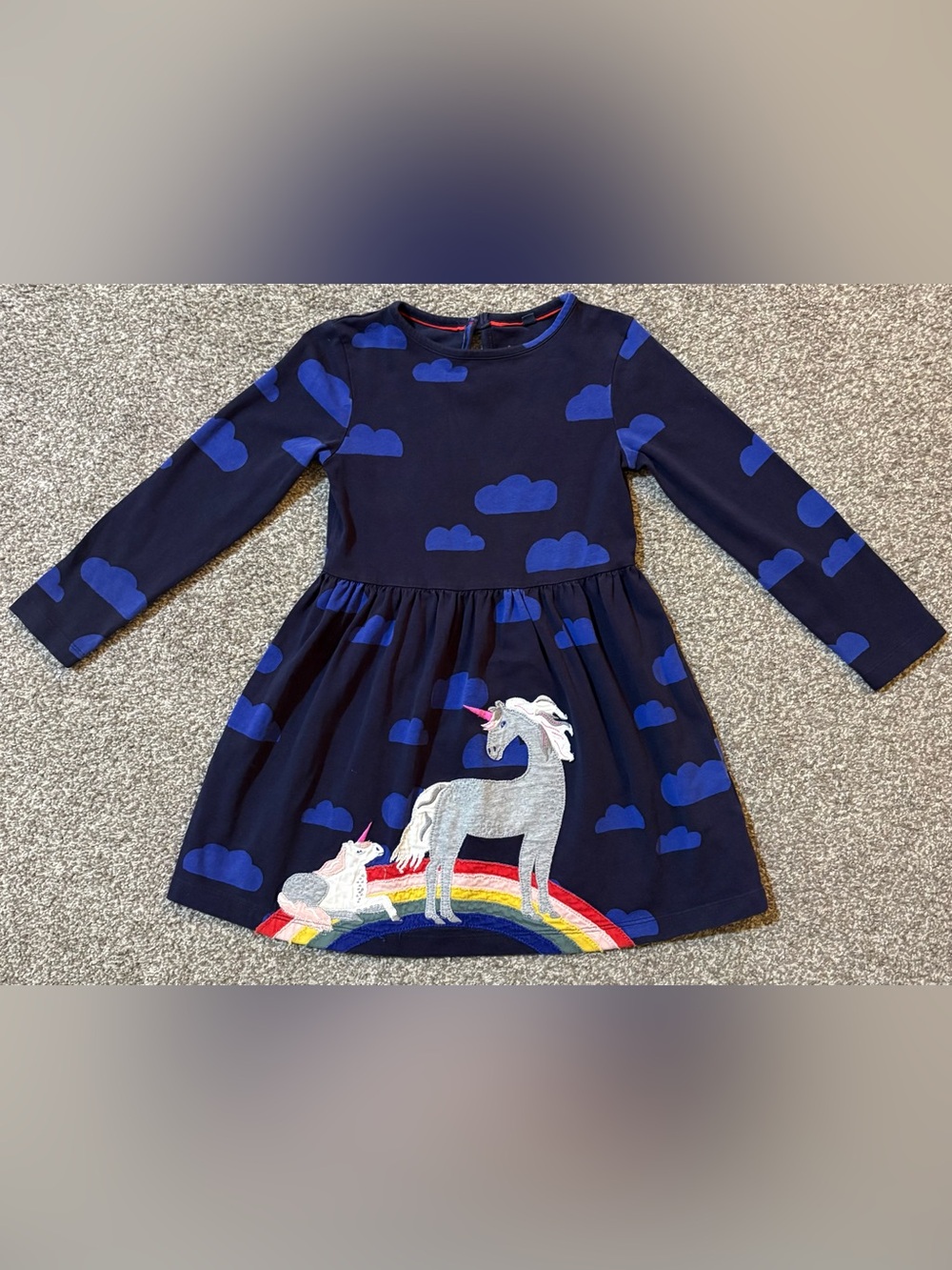 Mini Boden Navy Blue Dress with Blue Cloud Print and Rainbow Unicorn